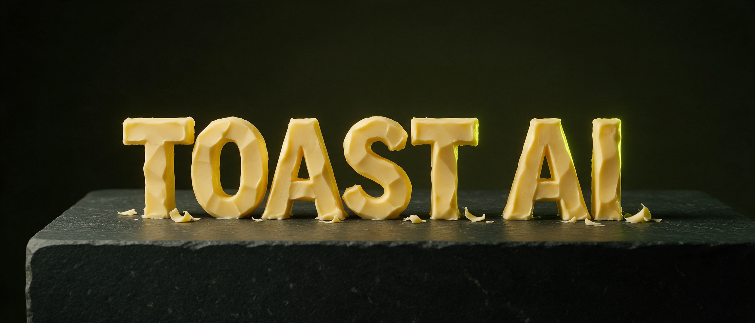 Voista veistetyt TOAST AI -kirjaimet tummalla kivitasolla